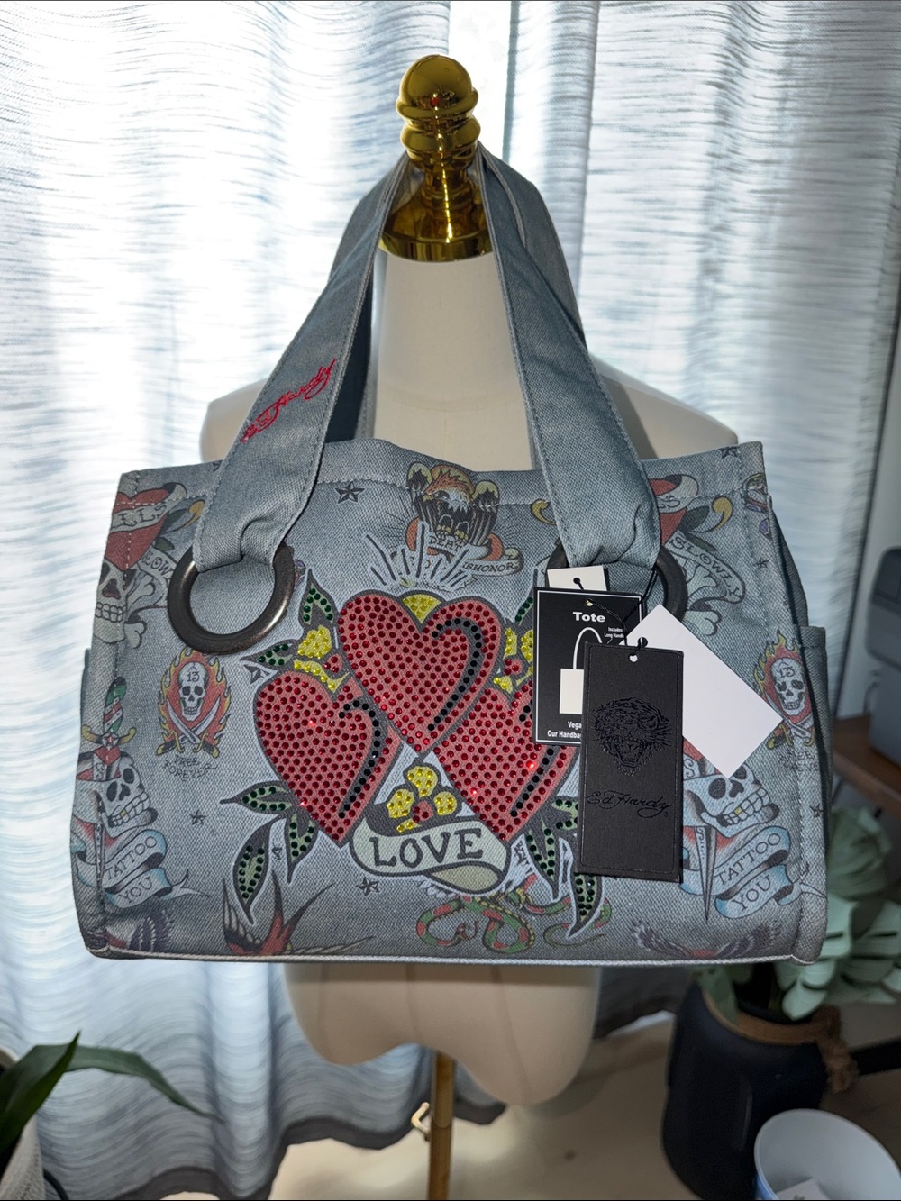 Ed Hardy Gray Tote with Red Studded Heart Motif